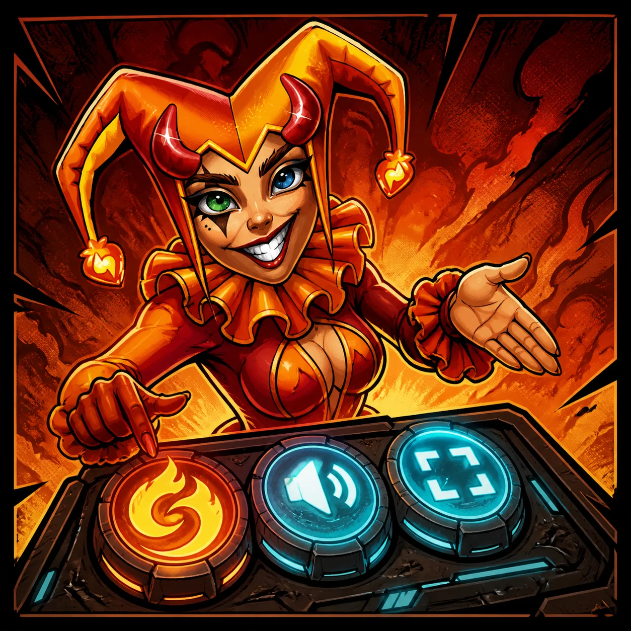 Controles ilustrados de giro, sonido y pantalla completa de Hellfire Joker